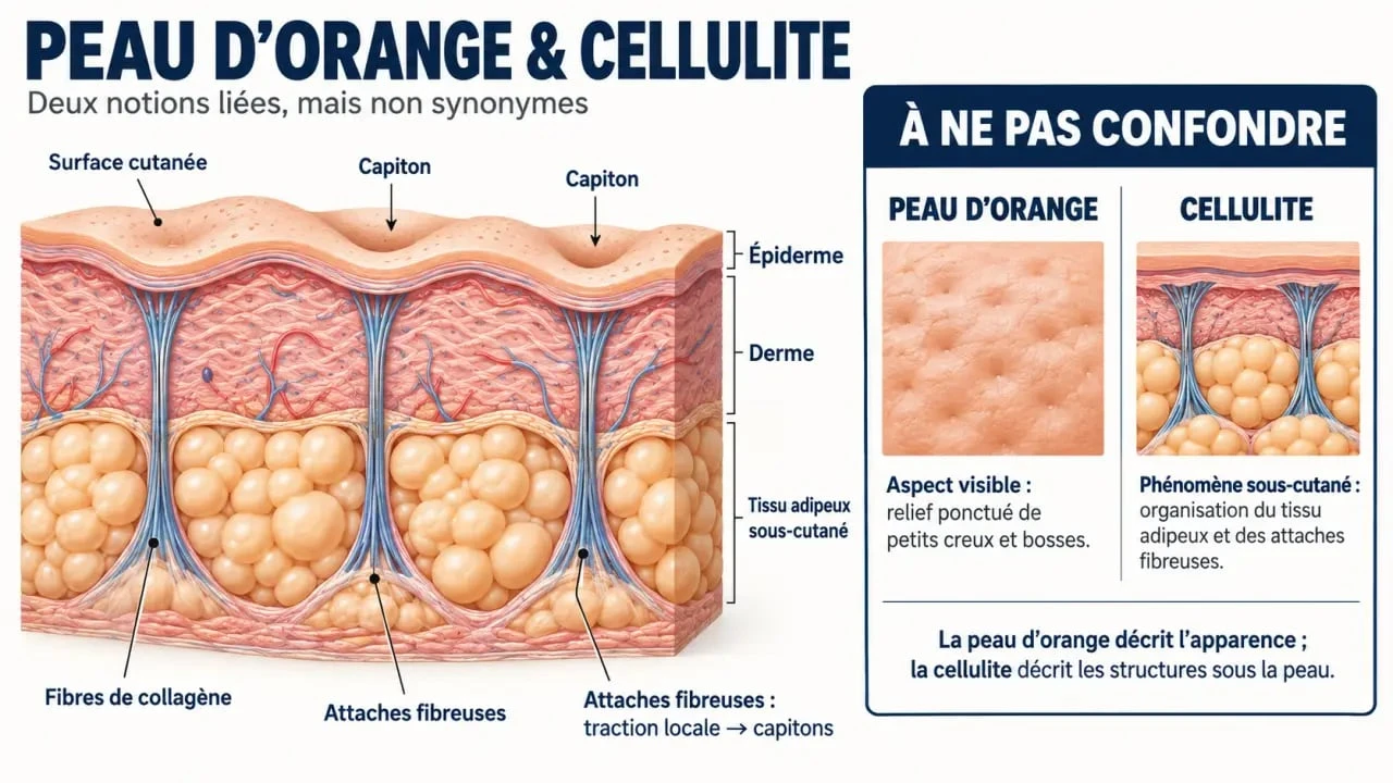 Schéma anatomique expliquant la peau d’orange, les capitons et la cellulite