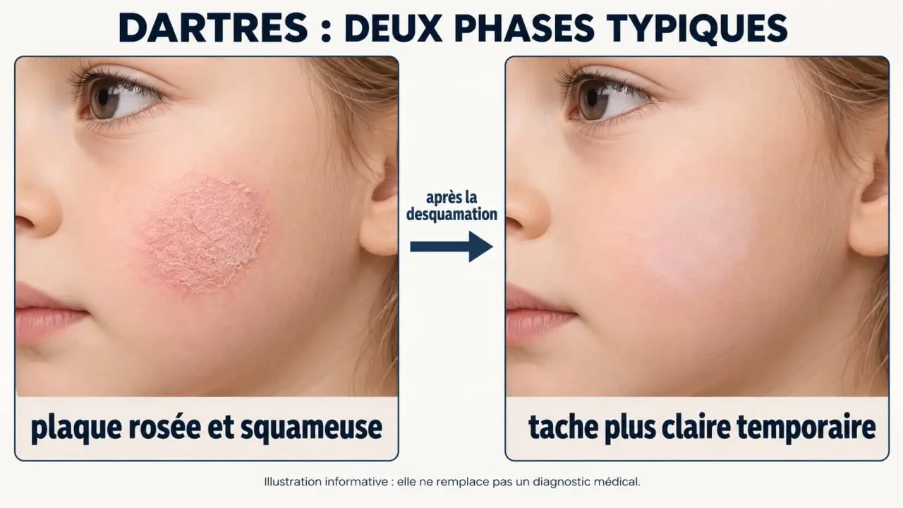 Infographie sur les dartres de la peau montrant l’évolution d’une plaque rosée vers une tache plus claire