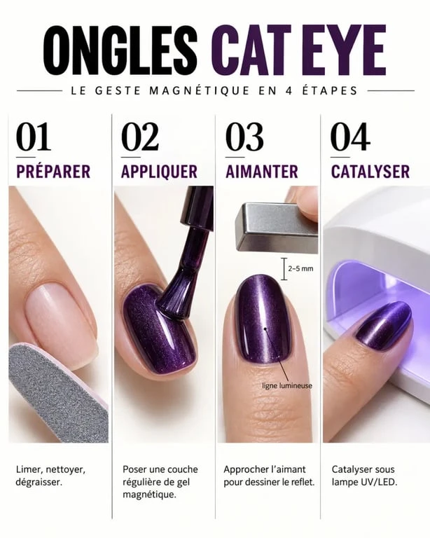 Étapes de réalisation des cat eyes ongles avec vernis magnétique et aimant