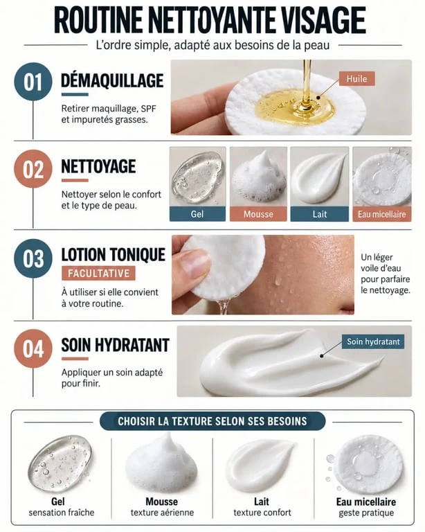 Infographie de la routine de soin nettoyant visage et des principales textures selon le type de peau