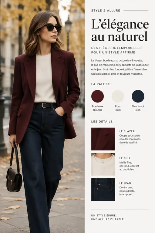 Idée de tenue avec un blazer bordeaux et un pull écru pour l'automne