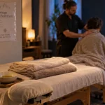 Massage cachemirien : draps et huile dans une salle de massage