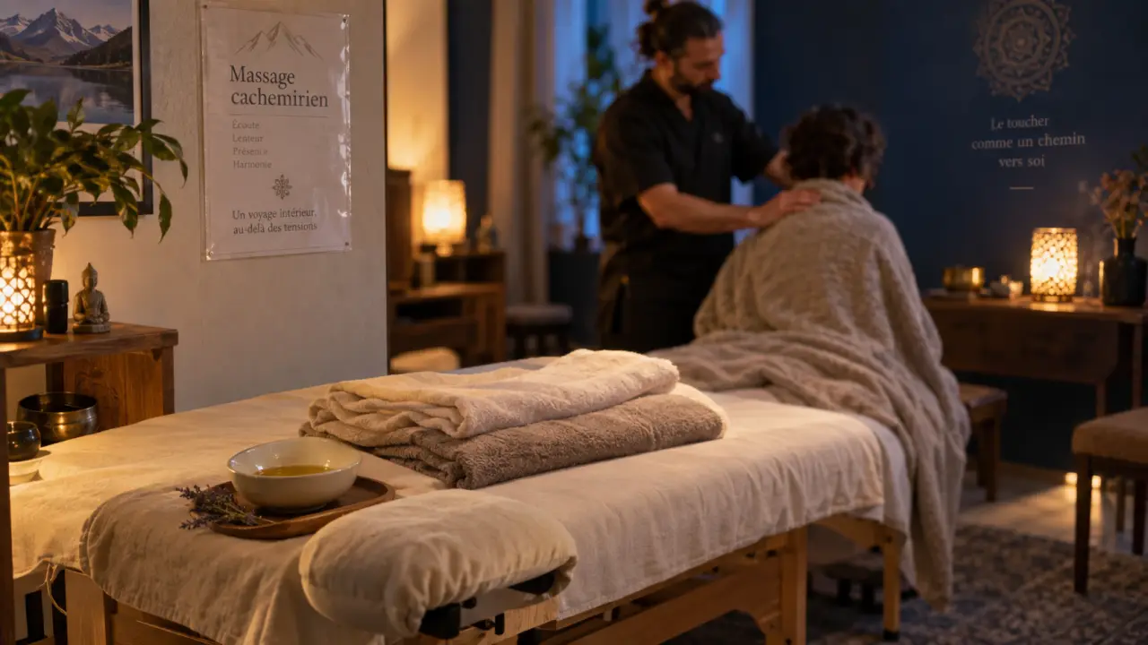Massage cachemirien : draps et huile dans une salle de massage