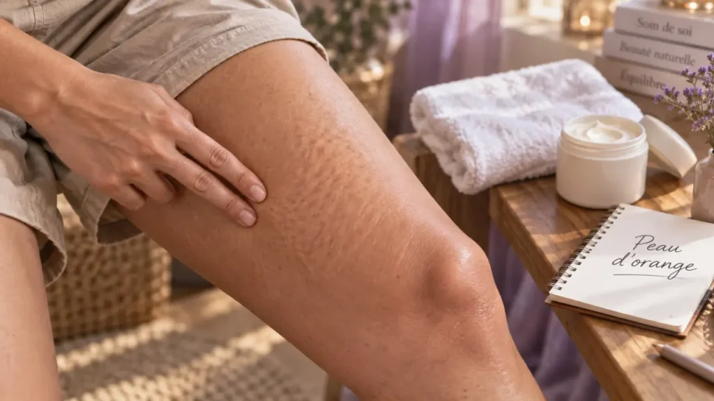 Peau d'orange : texture visible sur peau, soins et gestes