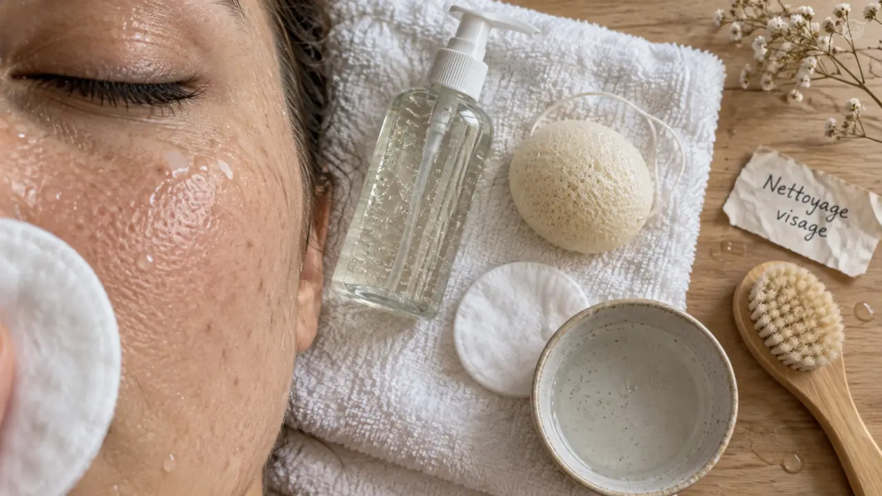 Soin nettoyant visage : gel, éponge konjac et eau tiède pour nettoyer en douceur