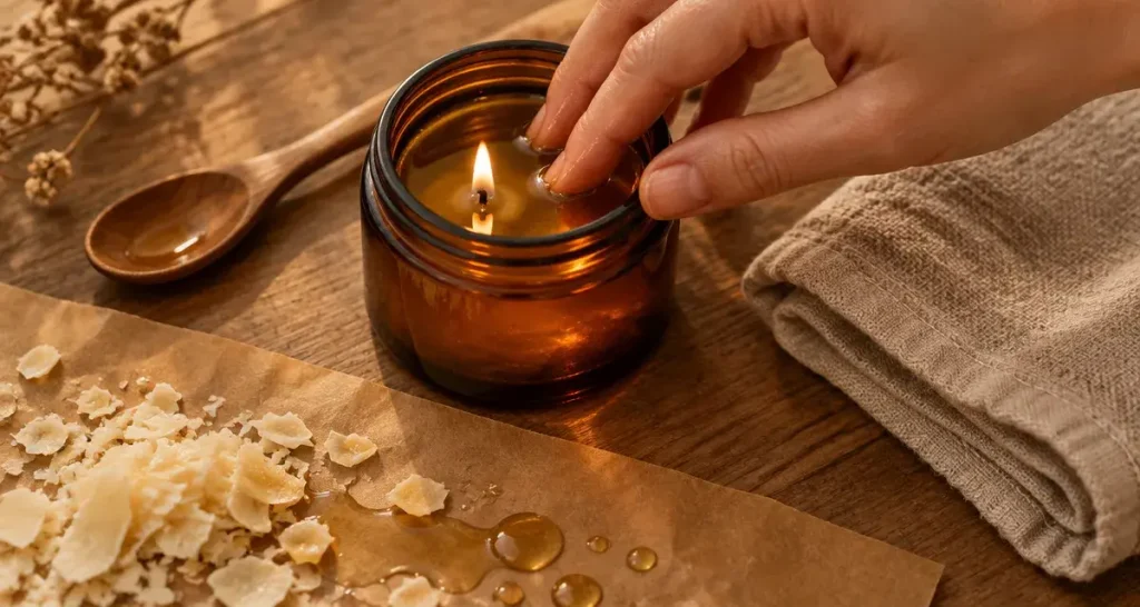 Bougie de massage : huile tiède dans un pot en verre, test de température du bout des doigts