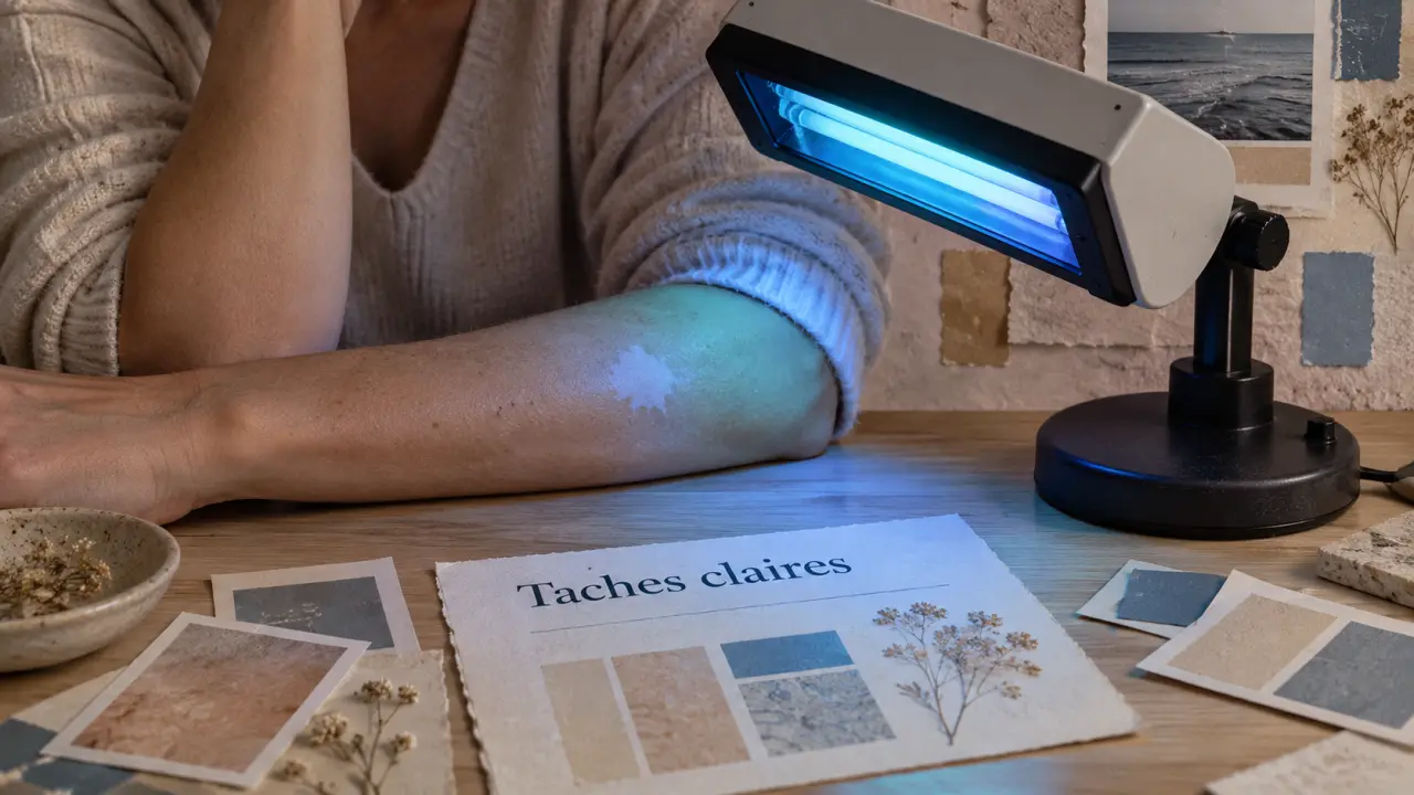 Dépiagination de la peau : tache blanche sur avant-bras sous lampe de Wood