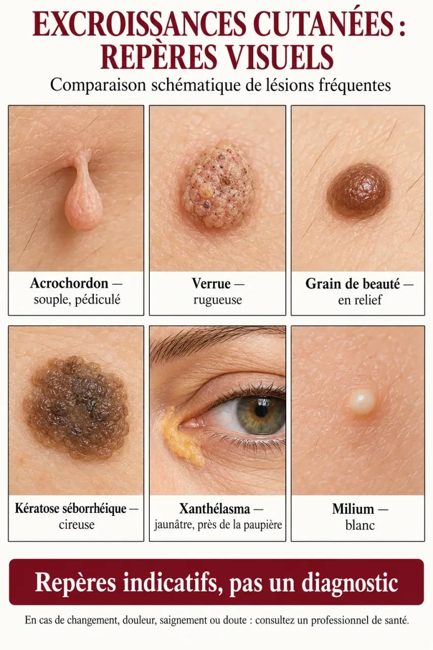 Infographie des principales formes d’excroissance peau : acrochordon, verrue, grain de beauté et autres lésions