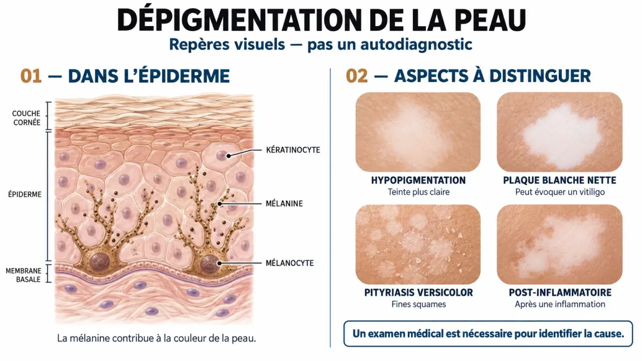 Infographie médicale sur la dépigmentation de la peau et les principales causes de taches claires