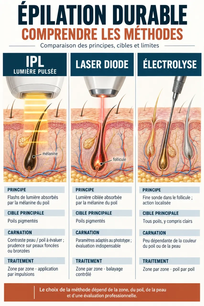 Infographie comparative sur l'épilation lumière pulsée à Montélimar, le laser diode et l'électrolyse