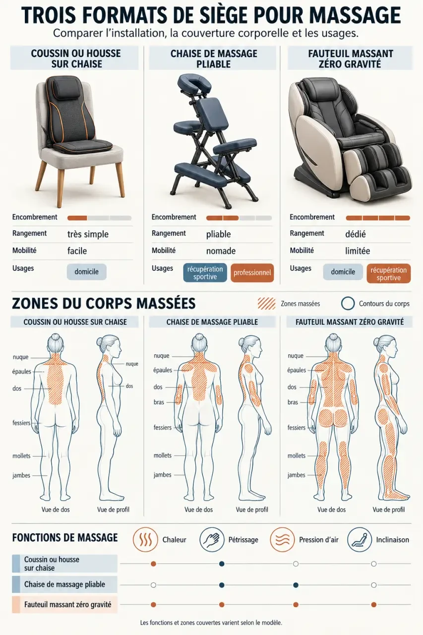 Infographie comparative des formats de siège pour massage selon l’encombrement, les zones massées et l’usage