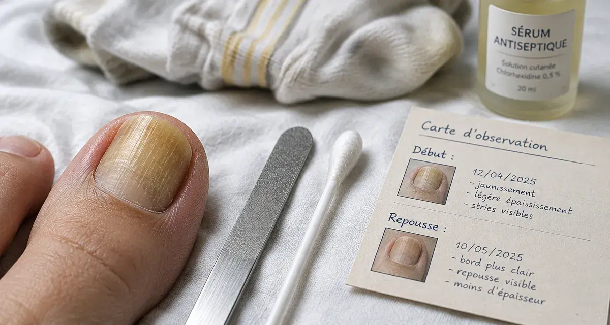 Jaunissement des ongles des pieds : gros plan sur un ongle jaune à traiter