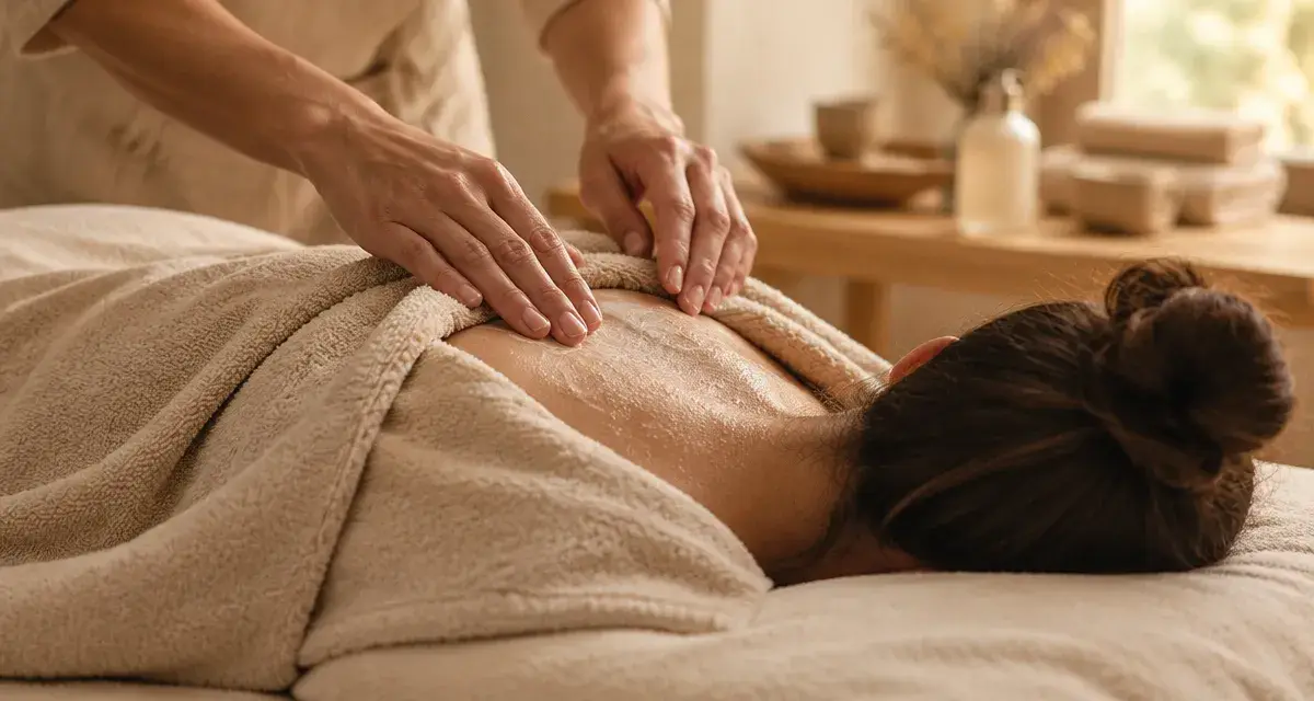 Massage dos sur le dos nu, huile et détente complète