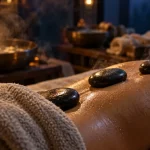 Massage pierre chaude : pierres chaudes sur le dos, détente spa