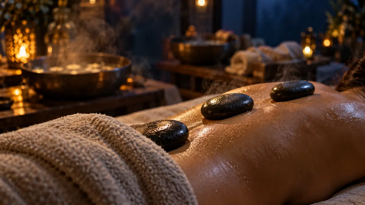 Massage pierre chaude : pierres chaudes sur le dos, détente spa