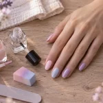 Ongles pastel rose, bleu ciel et lavande sur table en bois